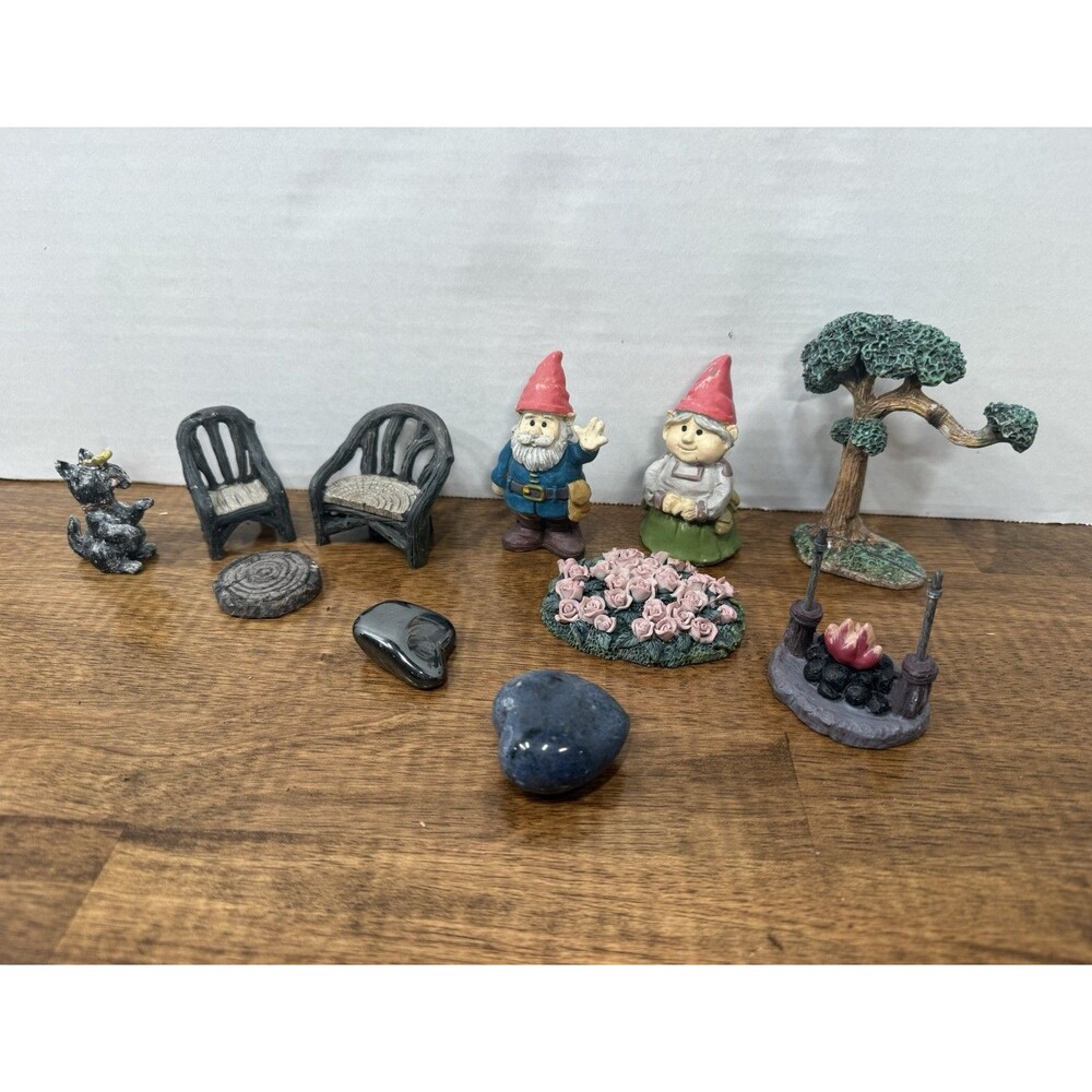 Fairy garden accessories, gnomes, chairs, fire, tree, scottie dog